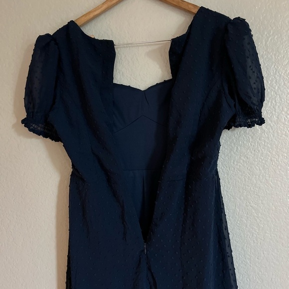 Romance Abounds Navy Swiss Dot Puff Sleeve A-Line Midi Dress - Picture 6 of 7